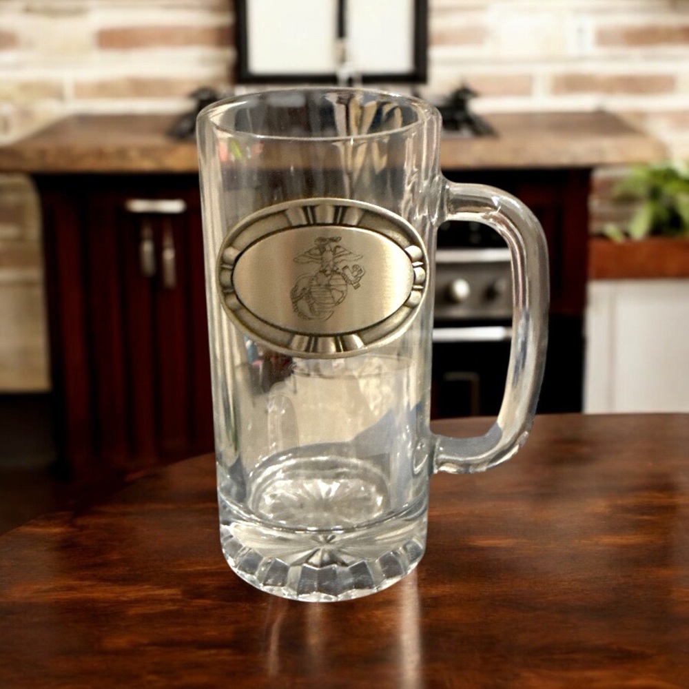 USMC Elegant Glass Beer Mug with Fine Pewter Emblem